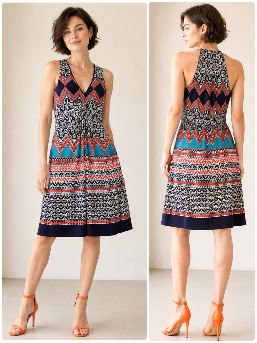 Laundry by Shelli Segal Dress Twisted Front Detail Geometric Sleeveless V-Neck